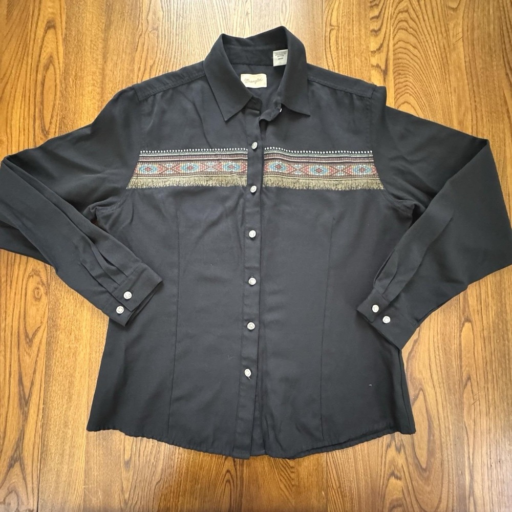 Vintage Wrangler Black Native American Western L/S‎ Metal Button Shirt Size M